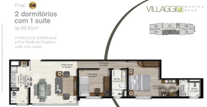 APARTAMENTO DE 2 DORMITORIOS - Imóvel novo, nunca habitado, com 69,83 m² de área privativa, composto