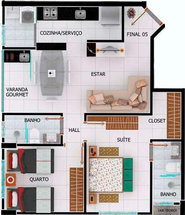 Apartamento Padrão 2 Quartos 1 Suite