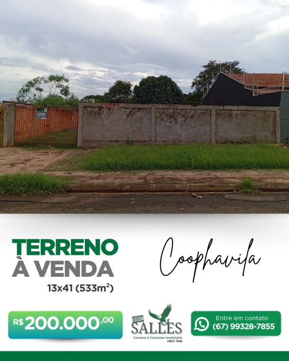 Terreno para venda tem 533 metros quadrados em Coophavila II - Campo Grande - MS
