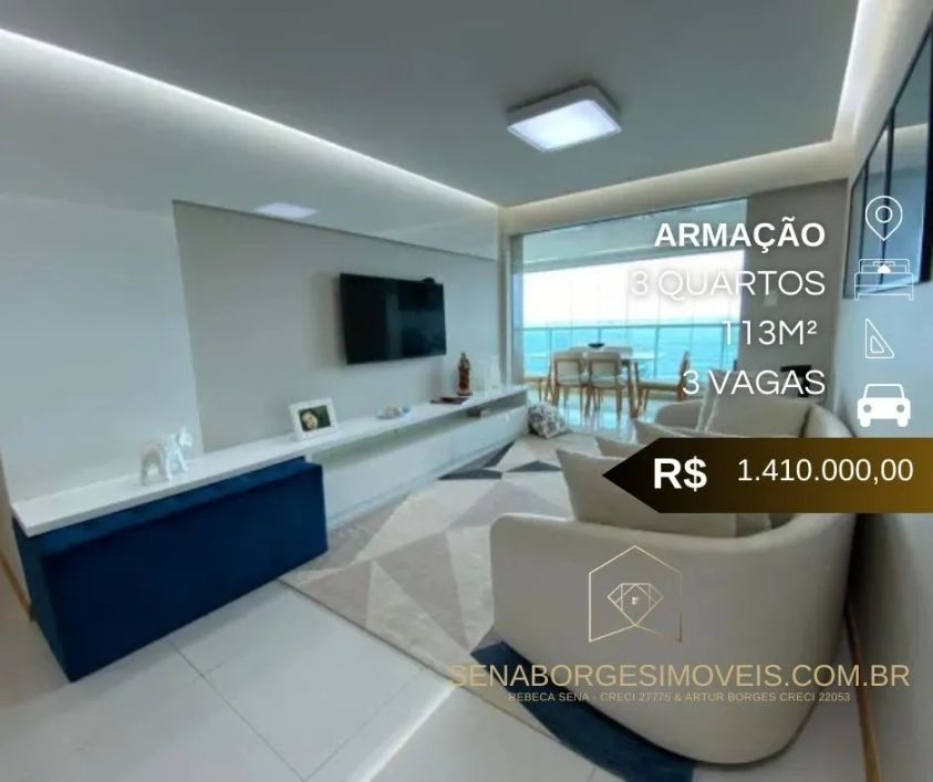 Apartamento 3 quartos em 13m2 e 3 Vagas soltas, vista mar, porteira fechada