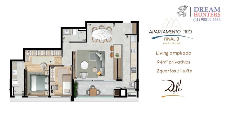 Apartamento de 94.48m² no bairro Bacacheri, com 3 quartos (1 suíte), 2 banheiros e 1 vaga de garagem
