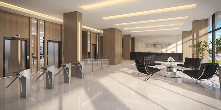 ESPAÇO COMERCIAL com quatro elevadores, duas salas para reuniões, salão de convenções e portaria mon