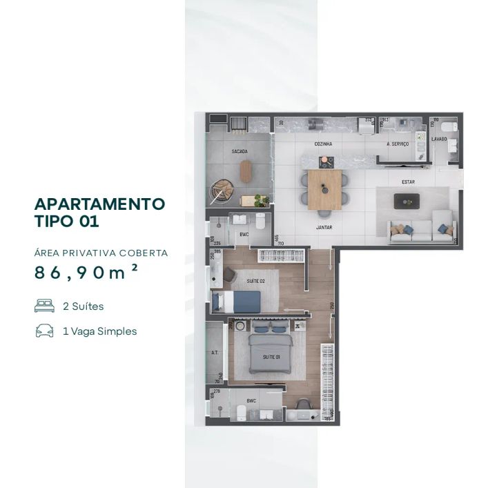 Apartamento com 2 suítes à venda no Água Verde em Curitiba: Bento 246 Residence